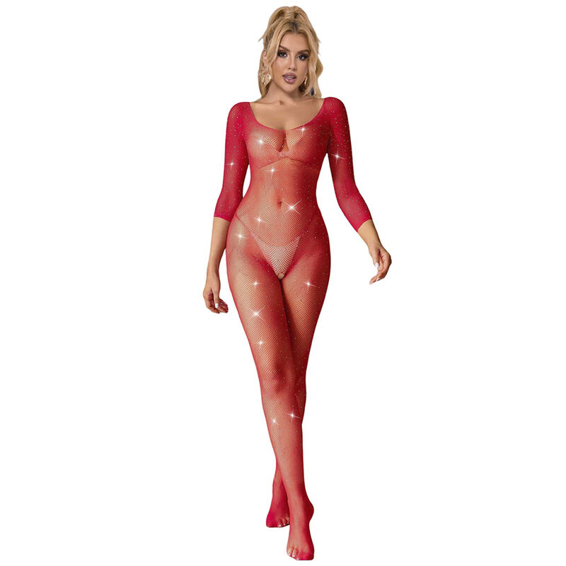 SUBBLIME - 952419 BODYSTOCKING A RETE CON STRASS MANICA LUNGA ROSSO XS/M